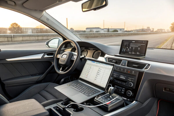 KFZ-Steuergerät auslesen: Laptop mit OBD2-Adapter im Auto Laptop zeigt Diagnosecodes des KFZ-Steuergeräts über OBD2-Verbindung im Auto an.
